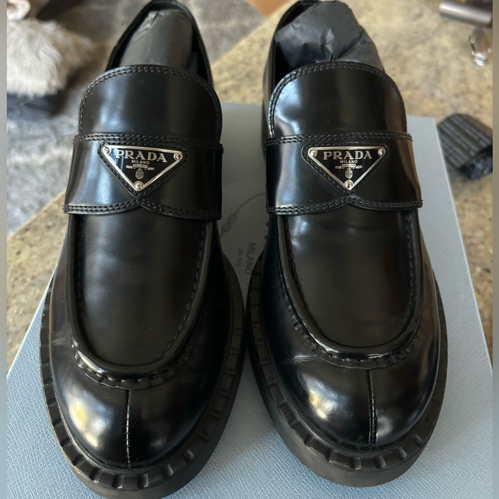 Prada chocolate brushed leather loafers